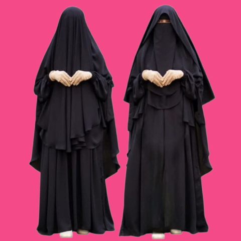 Full-Coverage Layered Abaya Khimar Set Abaya with Niqab & Nospis