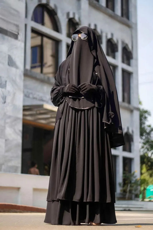 Exquisite Layered Ruffle Abaya in Imported SCH Cherry Fabric Full Set
