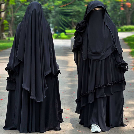 Exquisite Layered Ruffle Abaya in Imported SCH Cherry Fabric