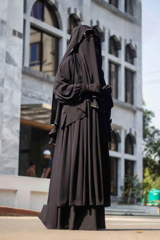 Exquisite Layered Ruffle Abaya in Imported SCH Cherry Fabric Full Set